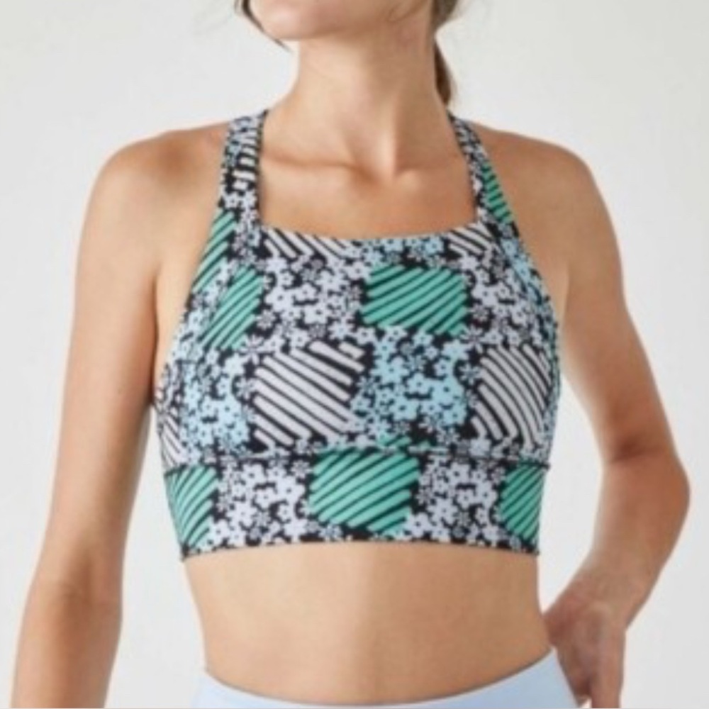FP Movement by Free People Floral Striped Bra - Black, White, Green